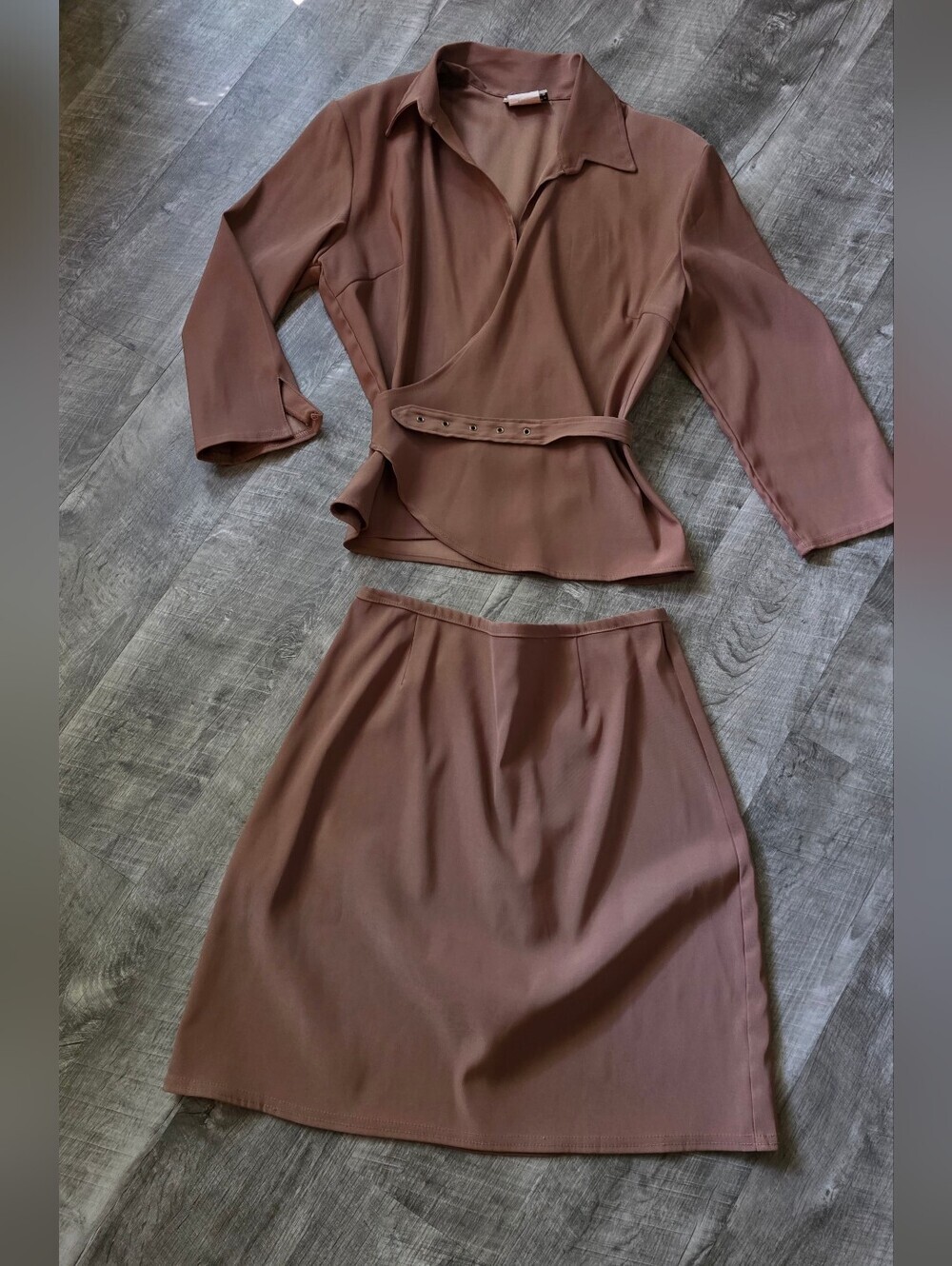 Chic Two-Piece Wrap Blouse & A-Line Skirt Set in Mauve Brown